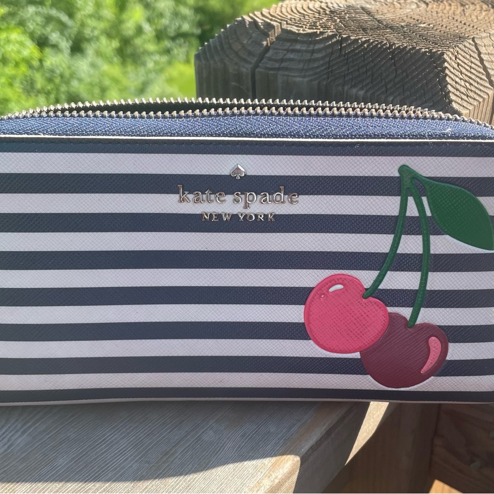 Kate Spade Striped Zip Around Wallet with Cherry 🍒